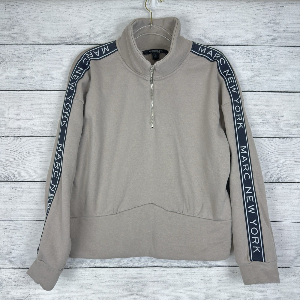 Marc New York Beige Logo Quarter Zip‎ Crop Activewear Sweatshirt Size XL Casual